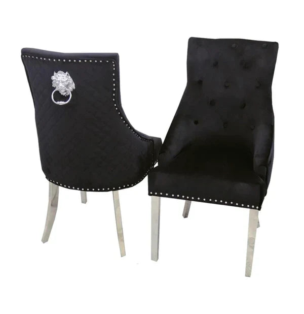 Arianna Marble & Chrome Dining Table With Quilted Lion Knocker Velvet Chairs
