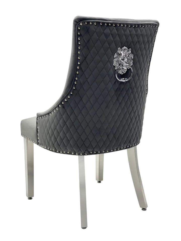 Louis Marble & Chrome Dining Table With Grey Quilted Lion Knocker Velvet Chairs & Bench