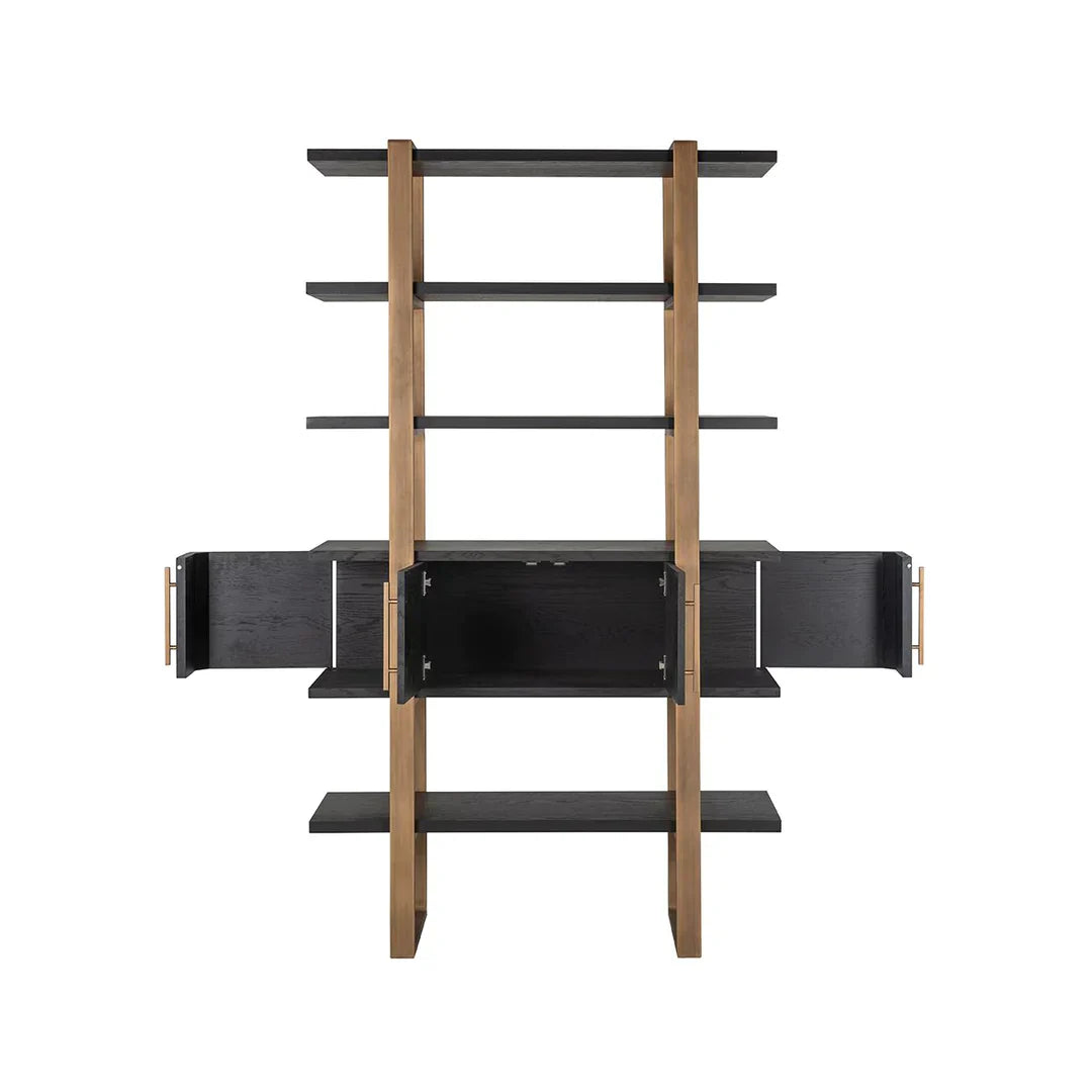 Richmond Interiors Cambon Gold Stainless Steel Bookcase with Dark Coffee 4 Door Cabinet