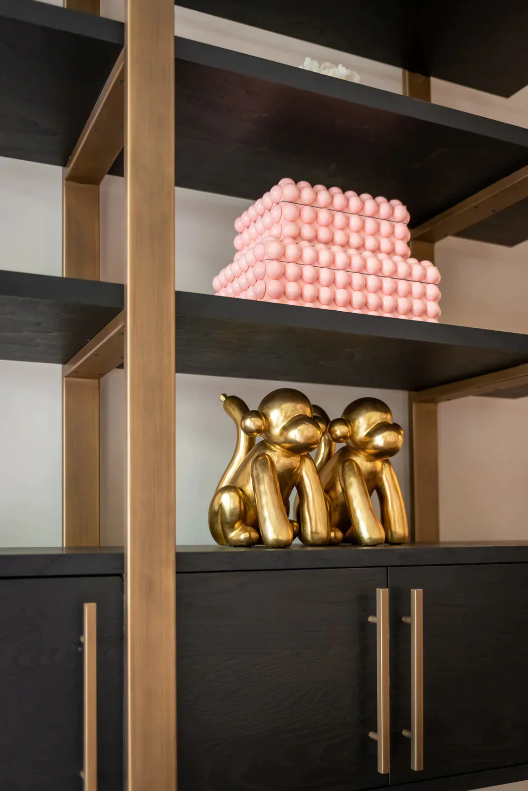 Richmond Interiors Cambon Gold Stainless Steel Bookcase with Dark Coffee 4 Door Cabinet