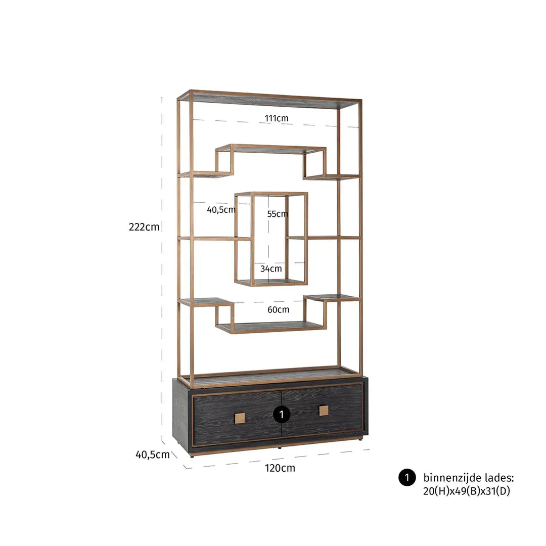Richmond Interiors Hunter Black Oak and Gold 2 Drawer Display Unit