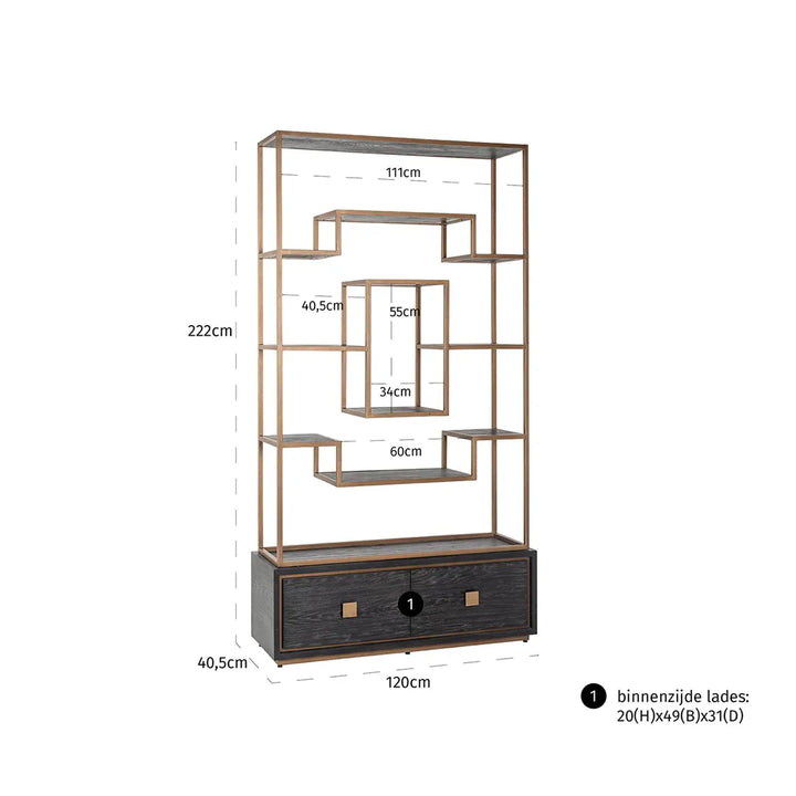 Richmond Interiors Hunter Black Oak and Gold 2 Drawer Display Unit