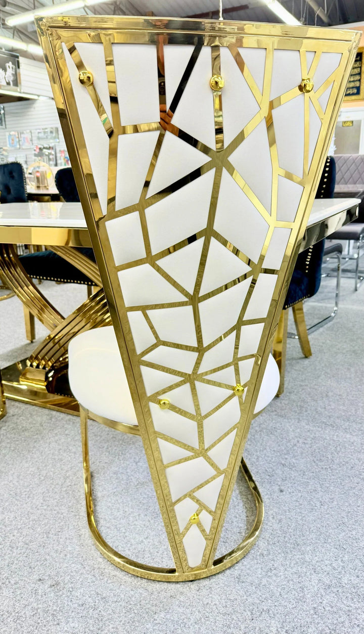 Chelsea Gold 130cm Marble Round Dining Table With Florence High Back Dining Chairs Gold Legs