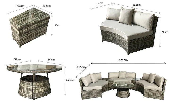 Juliet Garden Grey Half Moon Corner Sofa with Side Tables and Coffee Table