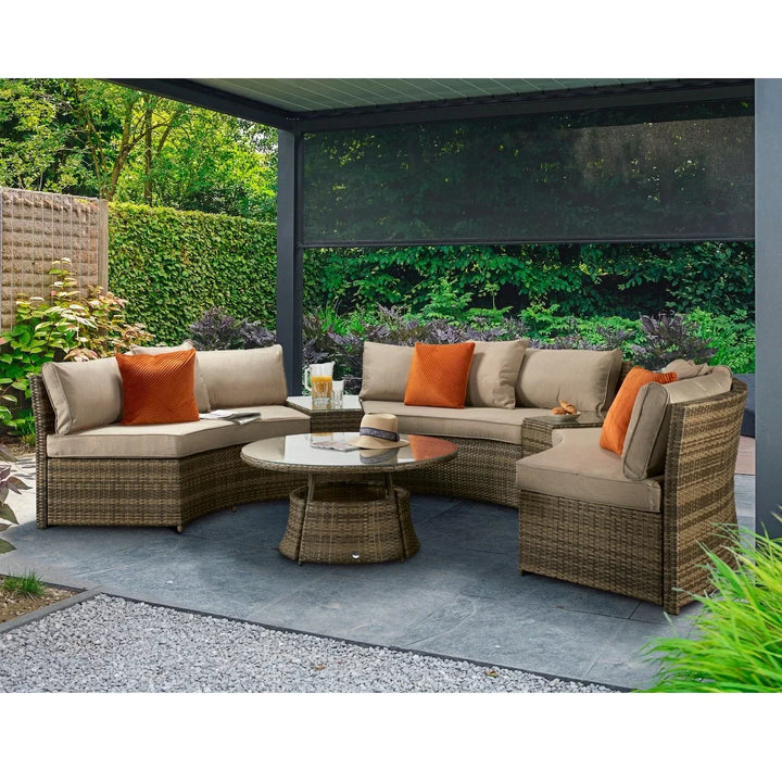 Juliet Garden Mixed Brown Half Moon Corner Sofa with Side Tables and Coffee Table
