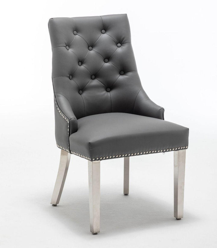 Knightsbridge Grey PU Dining Chair Faux Leather Chrome Ring Knocker-Esme Furnishings