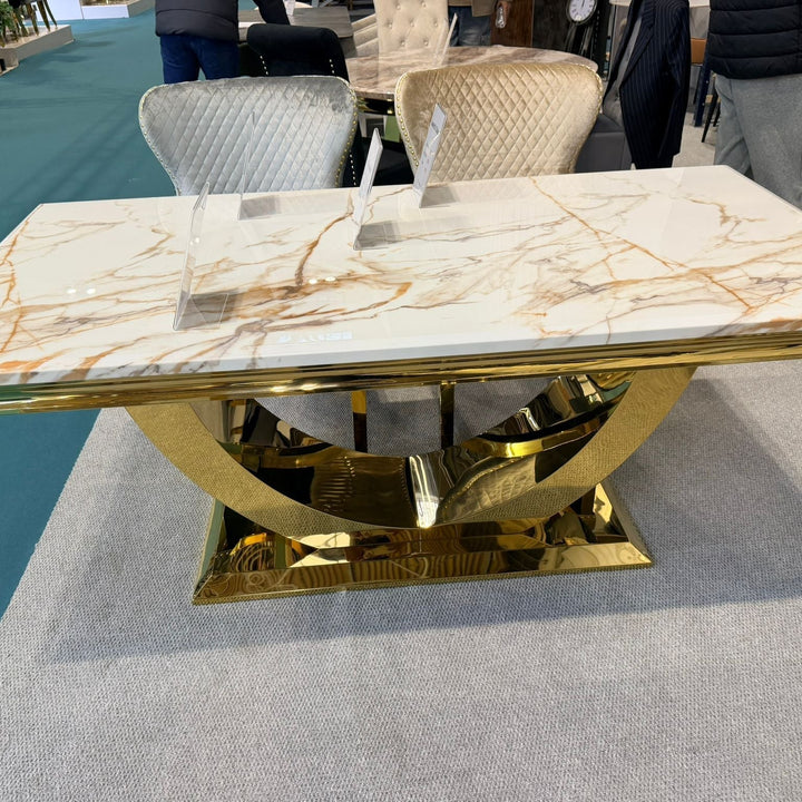 Arial Marble & Gold Dining Table With Porto Velvet Dining Chairs Gold Legs