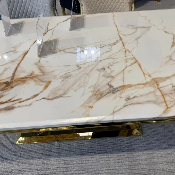 Arianna Marble & Gold Dining Table With Vermont Cream Gold Velvet Dining Chairs Crystals