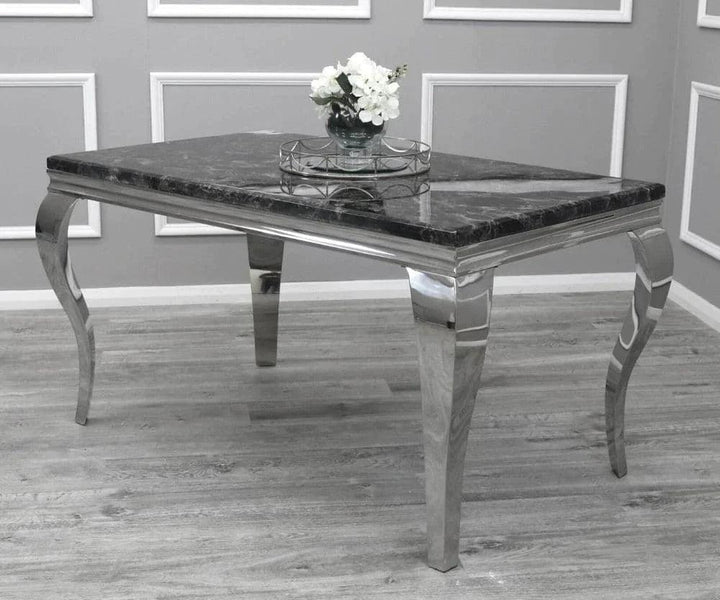 Louis Marble & Chrome Dining Table With Quilted Lion Knocker Velvet Chairs-Esme Furnishings
