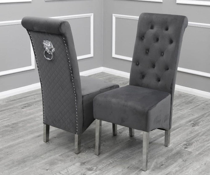 Louis 100cm Square White Marble Dining Table + Lucy Grey Lion Slim Knocker Plush Velvet Chairs-Esme Furnishings
