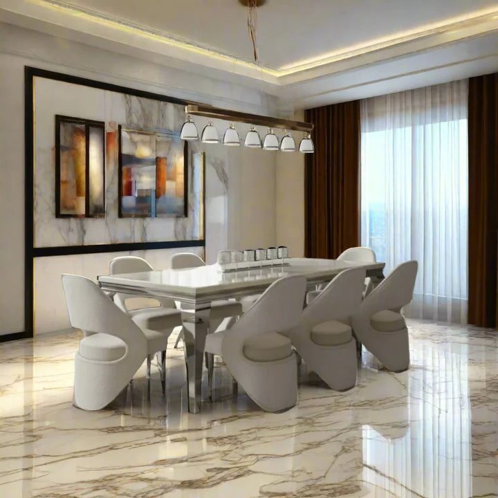 Louis Marble & Chrome Dining Table With Santos Curve Velvet Chairs