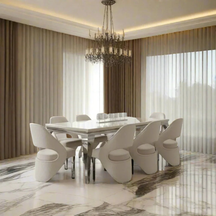 Louis Marble & Chrome Dining Table With Santos Curve Velvet Chairs