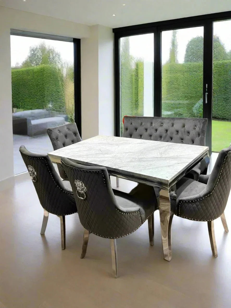 Louis Marble & Chrome Dining Table With Lion Knocker Velvet Chairs & High Back 130cm Bench - Esme Furnishings
