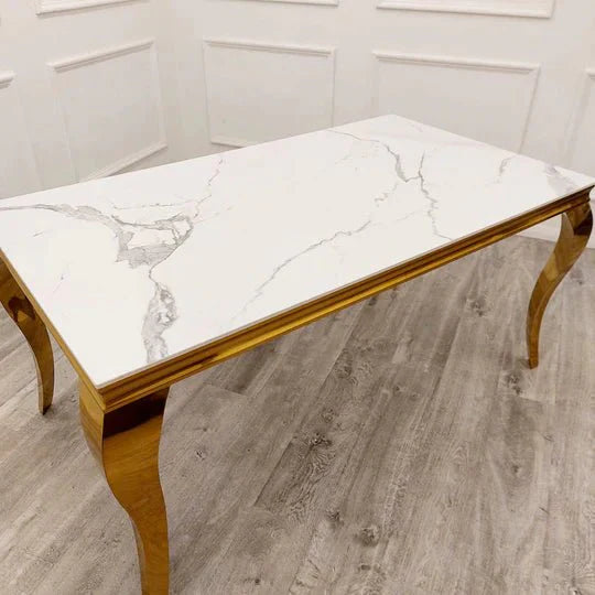 Louis Marble & Gold Dining Table With Florence High Back Velvet Chairs - Esme Furnishings