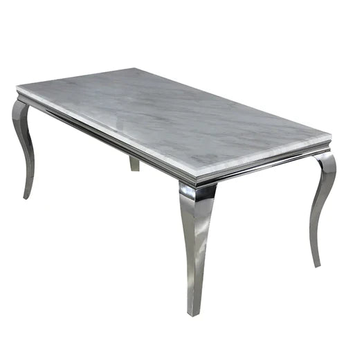 Louis Marble & Chrome Dining Table With Grey Round Quilted Ring Knocker Velvet Chairs