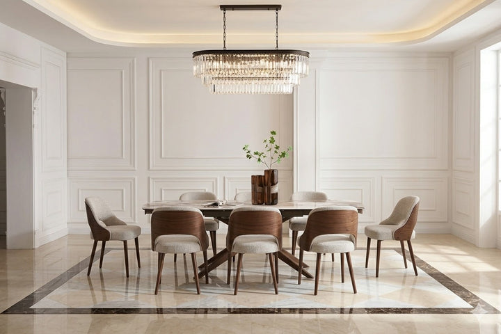 Serene 160-240cm Italian Walnut & Pandora Vendome Ceramic Marble Side Extending Dining Table With Milo Walnut Wooden Dining Chairs