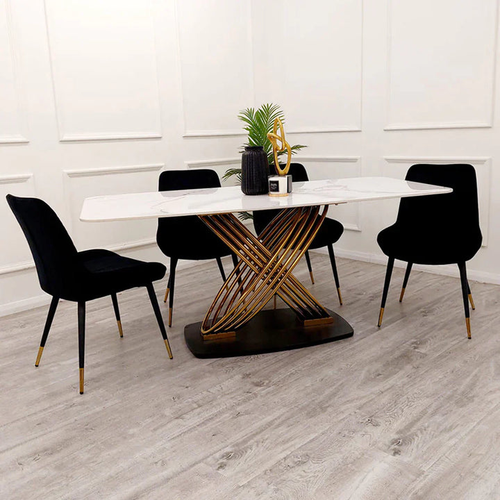 Orion Gold 180cm Dining Table with Polar White Ceramic Marble Top + Luna Plush Velvet Dining Chairs