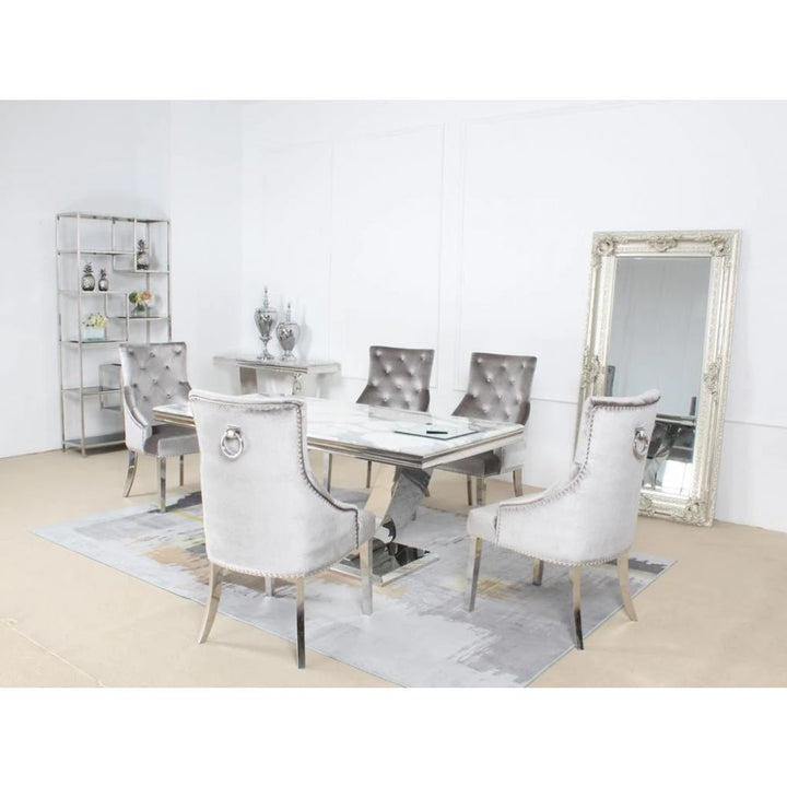Arial Marble & Chrome Dining Table + Chrome Ring Knocker Velvet Chairs
