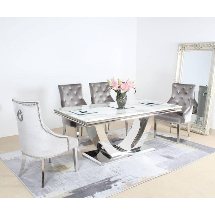 Arial Marble & Chrome Dining Table + Chrome Ring Knocker Velvet Chairs