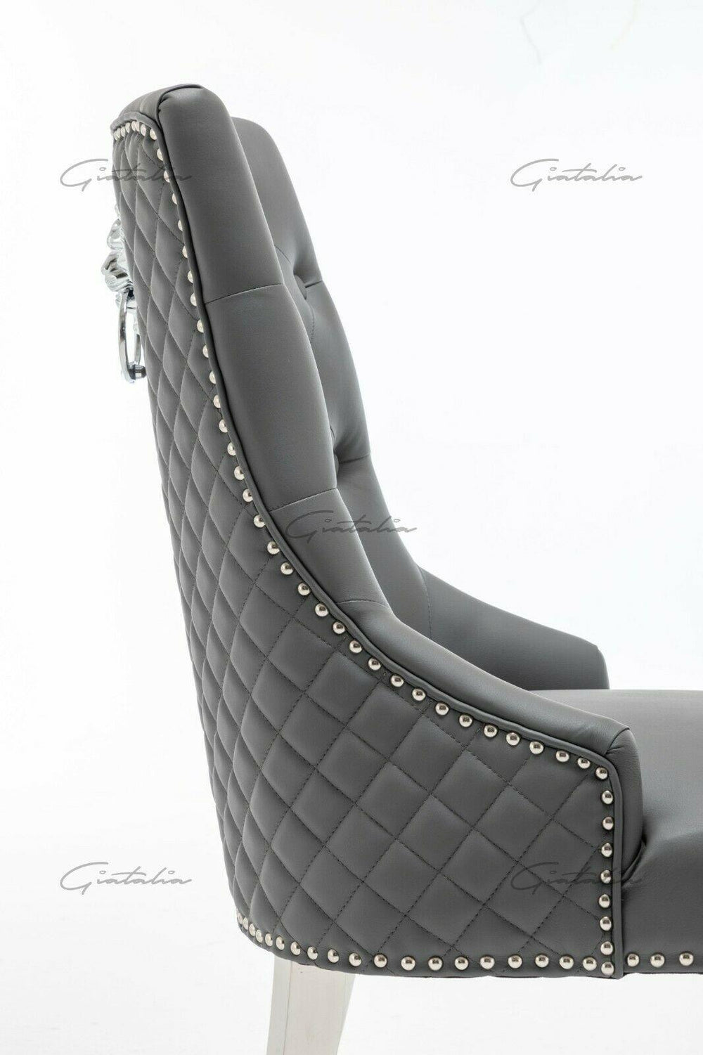 Winchester Grey PU Dining Chair Faux Leather Lion Knocker Chrome-Esme Furnishings