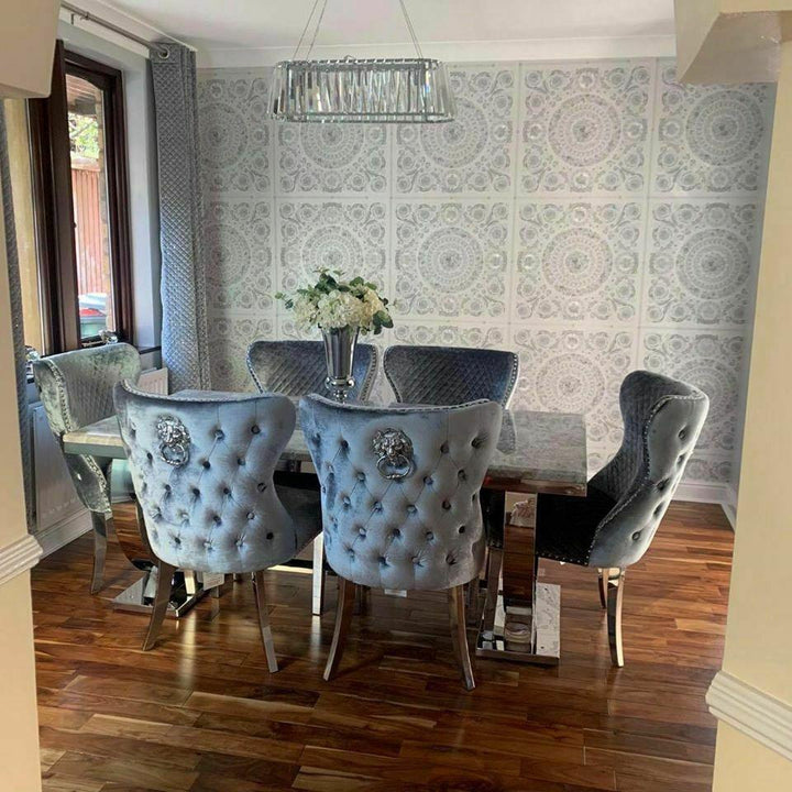 Arianna Marble & Chrome Dining Table With Shimmer Valente Lion Knocker Chairs