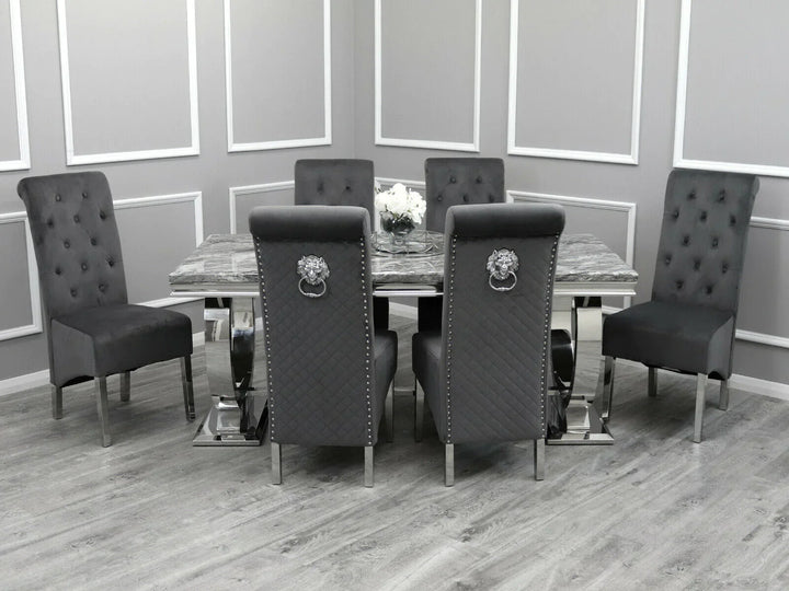 Arianna Marble & Chrome Dining Table With Lucy Slim Quilted Lion Knocker Velvet Chairs