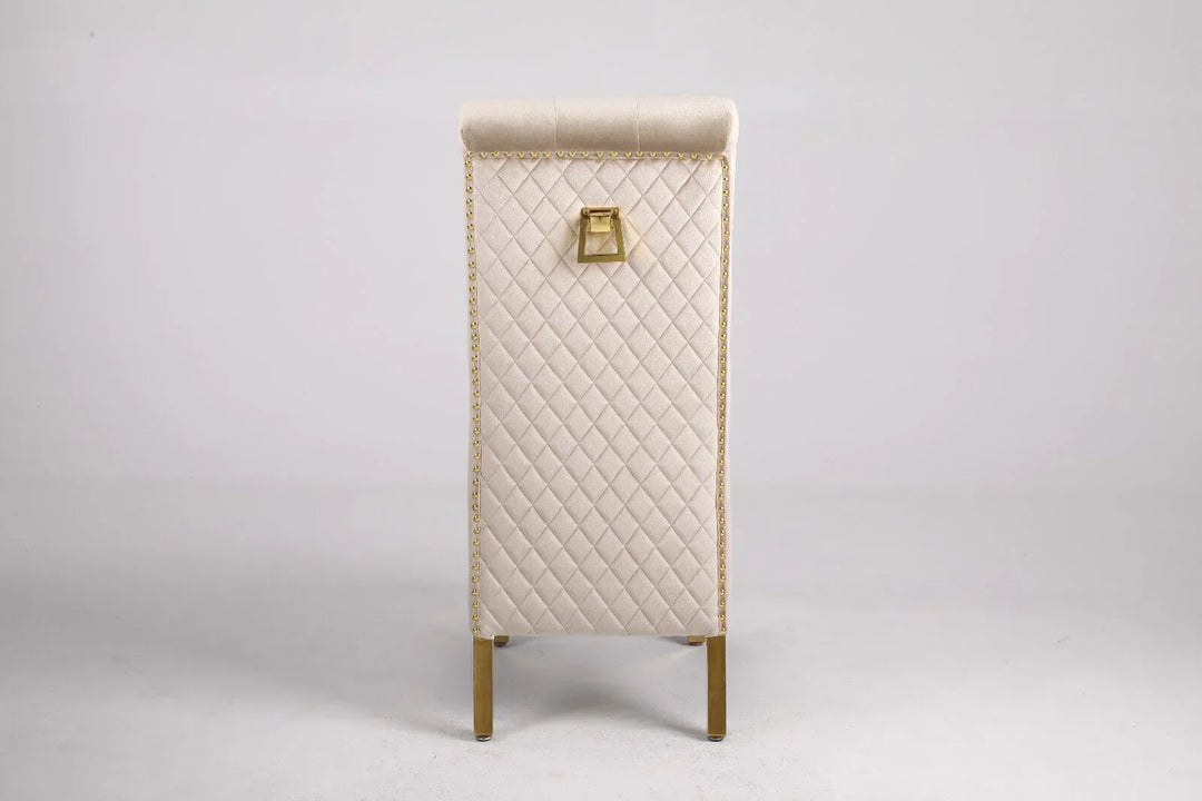 Arianna Marble & Gold Dining Table With Lucy Slim Quilted Gold Ring Knocker Velvet Chairs