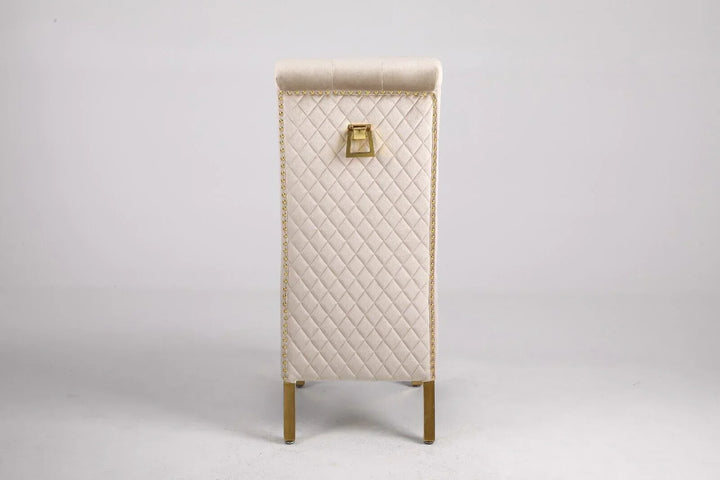 Louis Pandora Gold Marble Dining Table With Lucy Slim Quilted Gold Ring Knocker Velvet Chairs