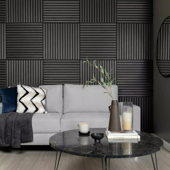Pack of x4 Charcoal Black 60x60cm Acoustic Square 3D Slatted Wood Wall Panel Box