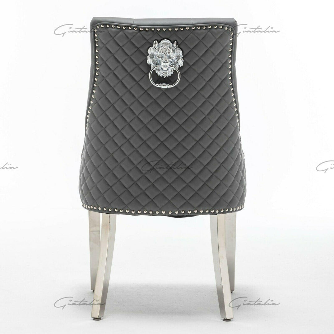 Winchester Grey PU Dining Chair Faux Leather Lion Knocker Chrome-Esme Furnishings