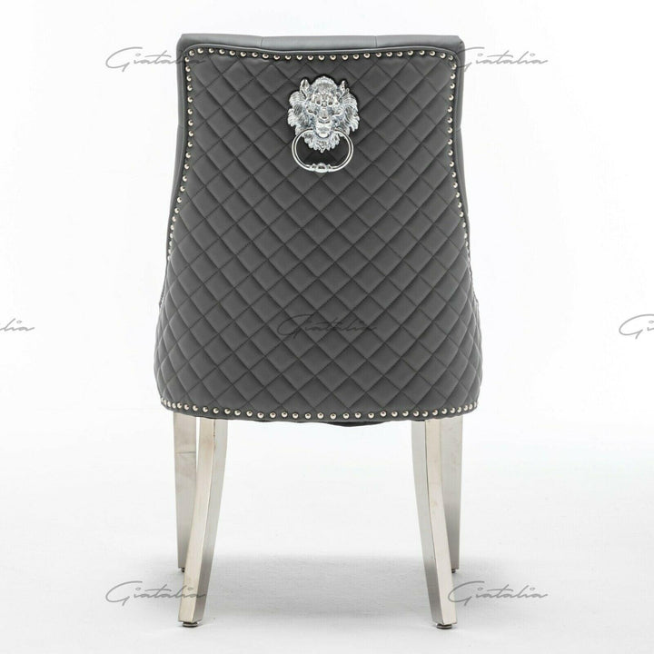 Winchester Grey PU Dining Chair Faux Leather Lion Knocker Chrome-Esme Furnishings