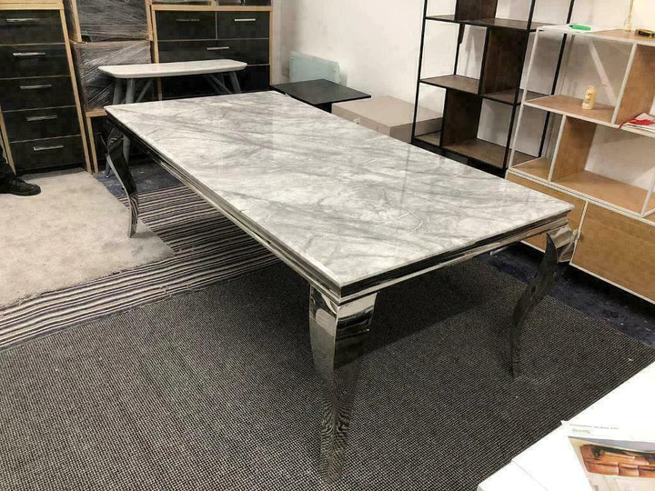Louis Marble & Chrome Dining Table With Valente Lion Knocker Velvet Chairs-Esme Furnishings