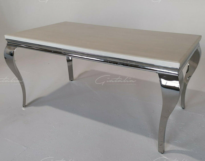 Louis 200cm Cream Marble Dining Table + Chrome Ring Knocker Dining Chairs-Esme Furnishings