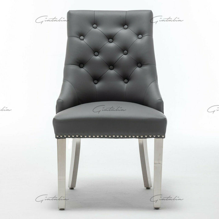 Winchester Grey PU Dining Chair Faux Leather Lion Knocker Chrome-Esme Furnishings