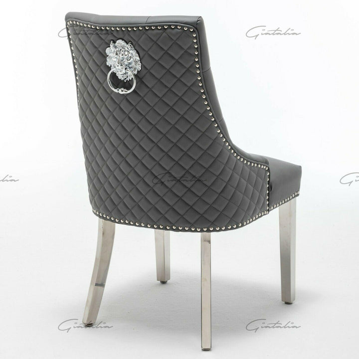 Winchester Grey PU Dining Chair Faux Leather Lion Knocker Chrome-Esme Furnishings