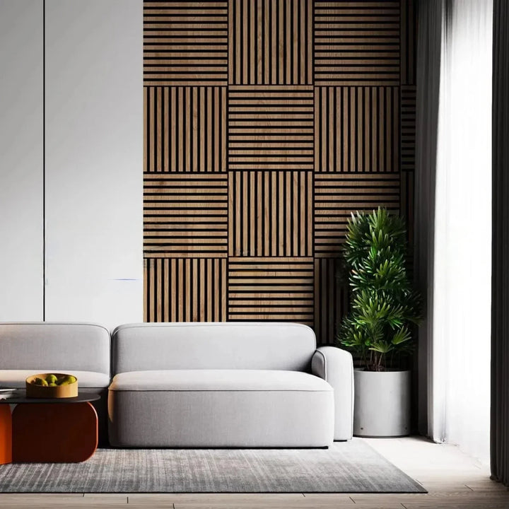 Pack of x4 Natural Light Oak 60x60cm Acoustic Square 3D Slatted Wood Wall Panel Box