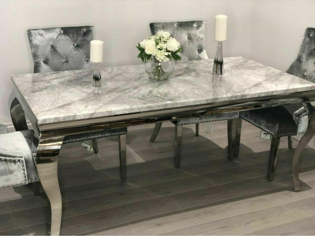 Louis Grey Marble 150CM Dining Table + Grey Lion Chairs, Bench Option-Esme Furnishings