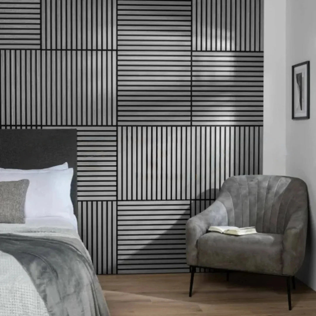 Pack of x4 Ash Grey 60x60cm Acoustic Square 3D Slatted Wood Wall Panel Box