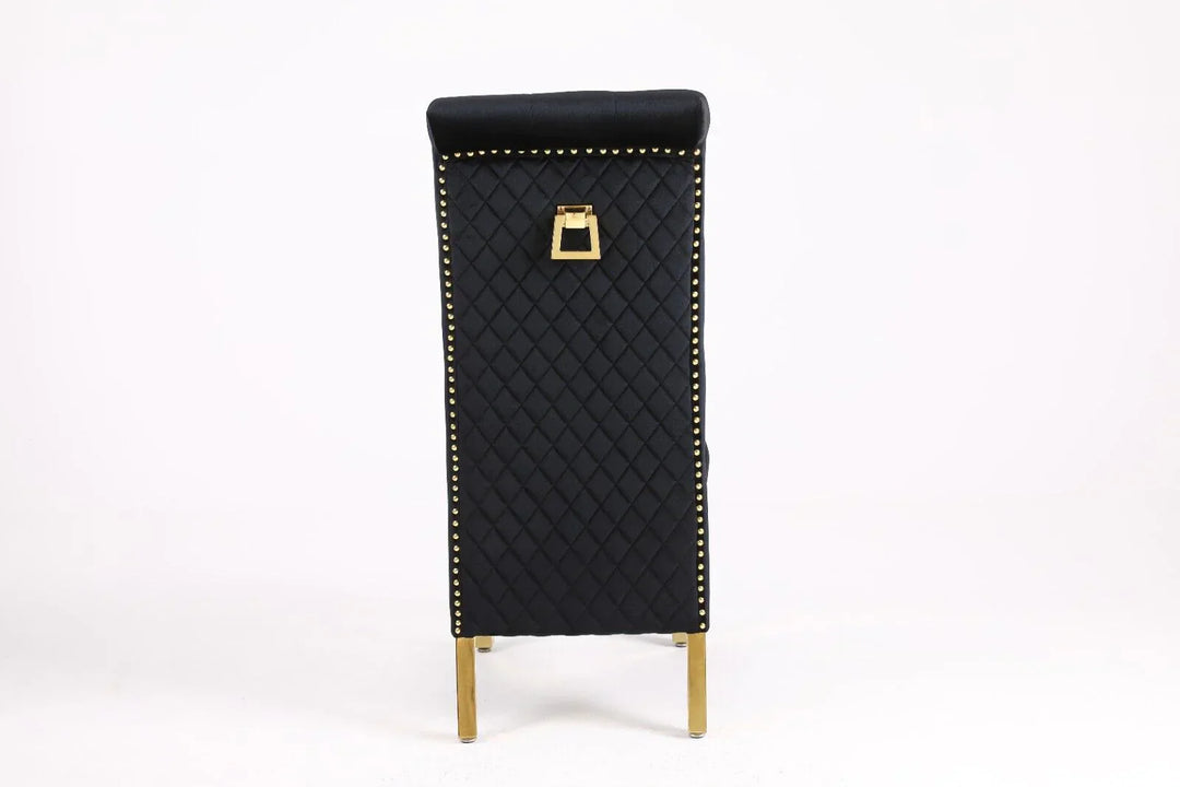 Louis Pandora Gold Marble Dining Table With Lucy Slim Quilted Gold Ring Knocker Velvet Chairs