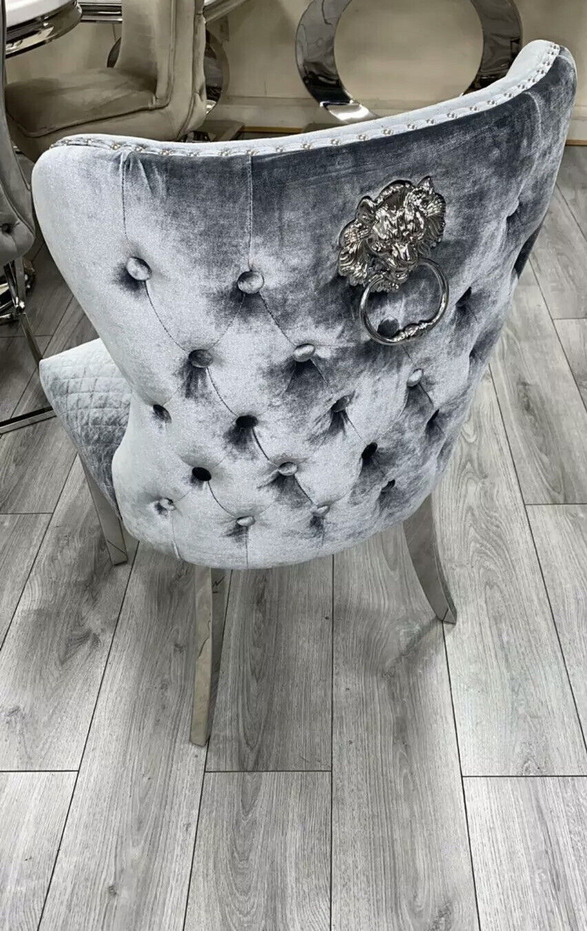 Arianna Marble & Chrome Dining Table With Shimmer Valente Lion Knocker Chairs