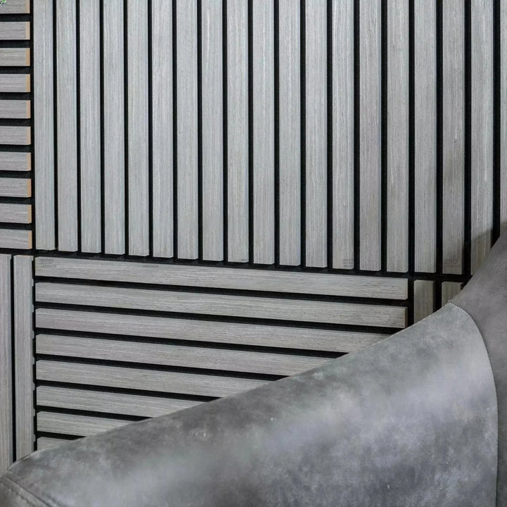 Pack of x4 Ash Grey 60x60cm Acoustic Square 3D Slatted Wood Wall Panel Box