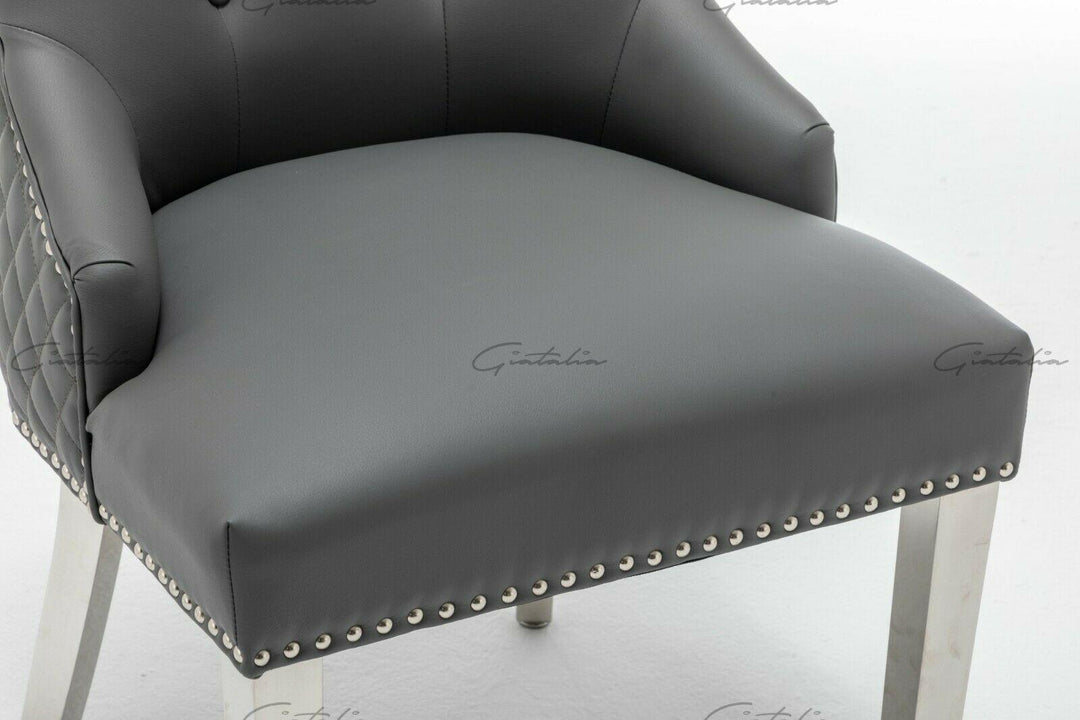 Winchester Grey PU Dining Chair Faux Leather Lion Knocker Chrome-Esme Furnishings