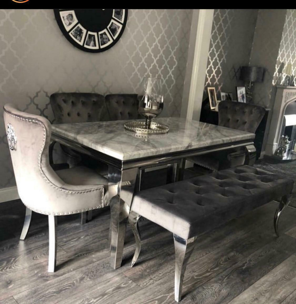 Louis Grey Marble 180CM Dining Table + Grey Lion Chairs, Bench Option-Esme Furnishings