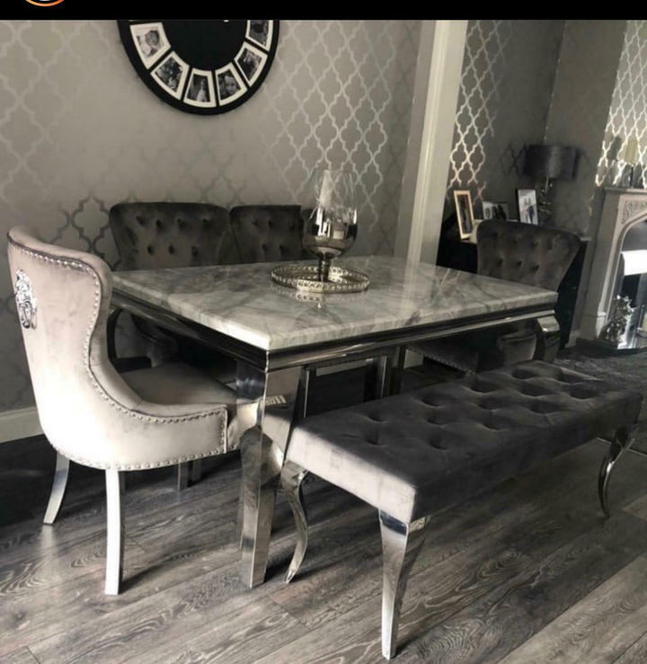 Louis Grey Marble 180CM Dining Table + Grey Lion Chairs, Bench Option-Esme Furnishings