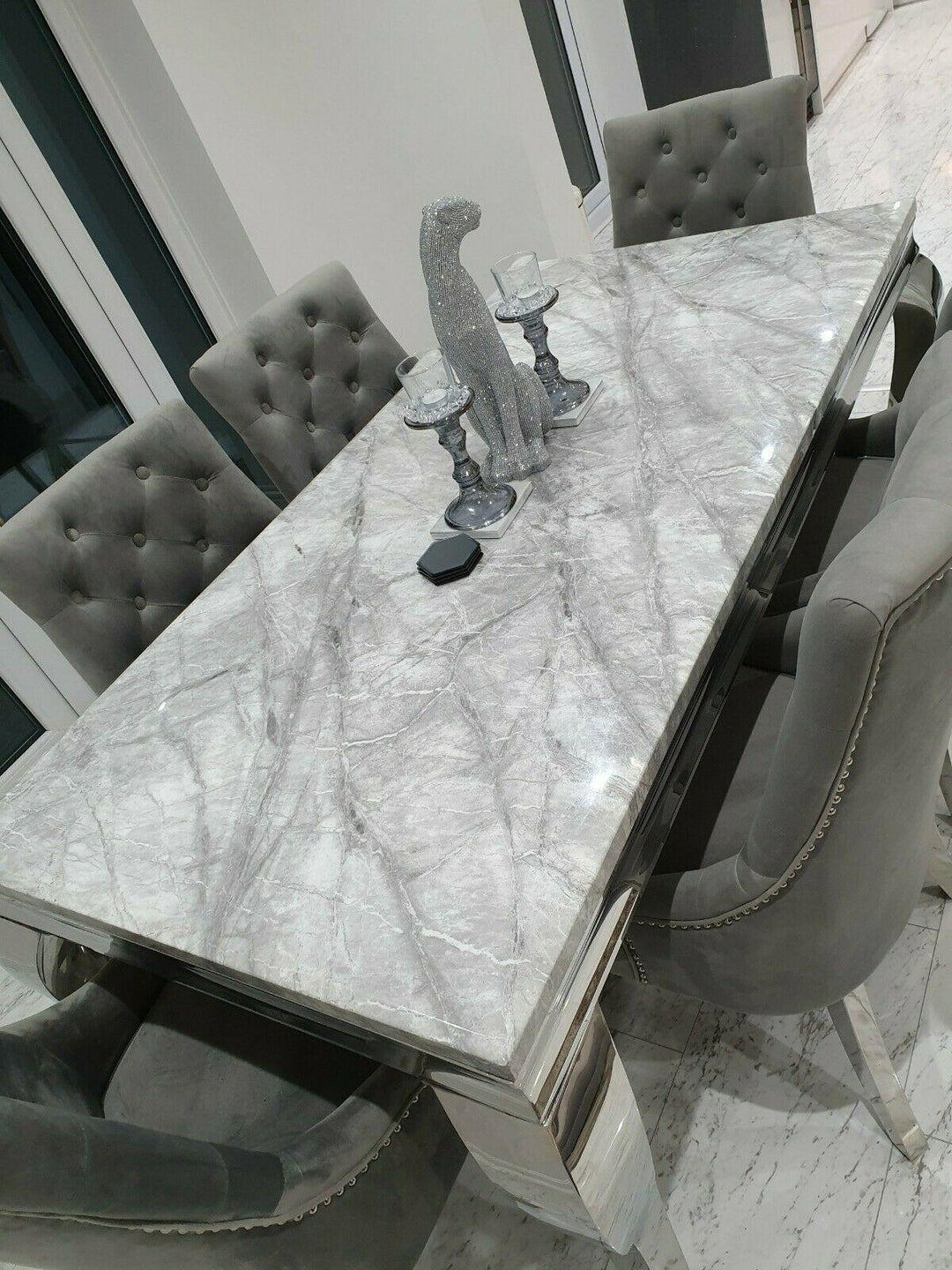 Louis Grey Marble 180CM Dining Table + Grey Lion Chairs, Bench Option-Esme Furnishings
