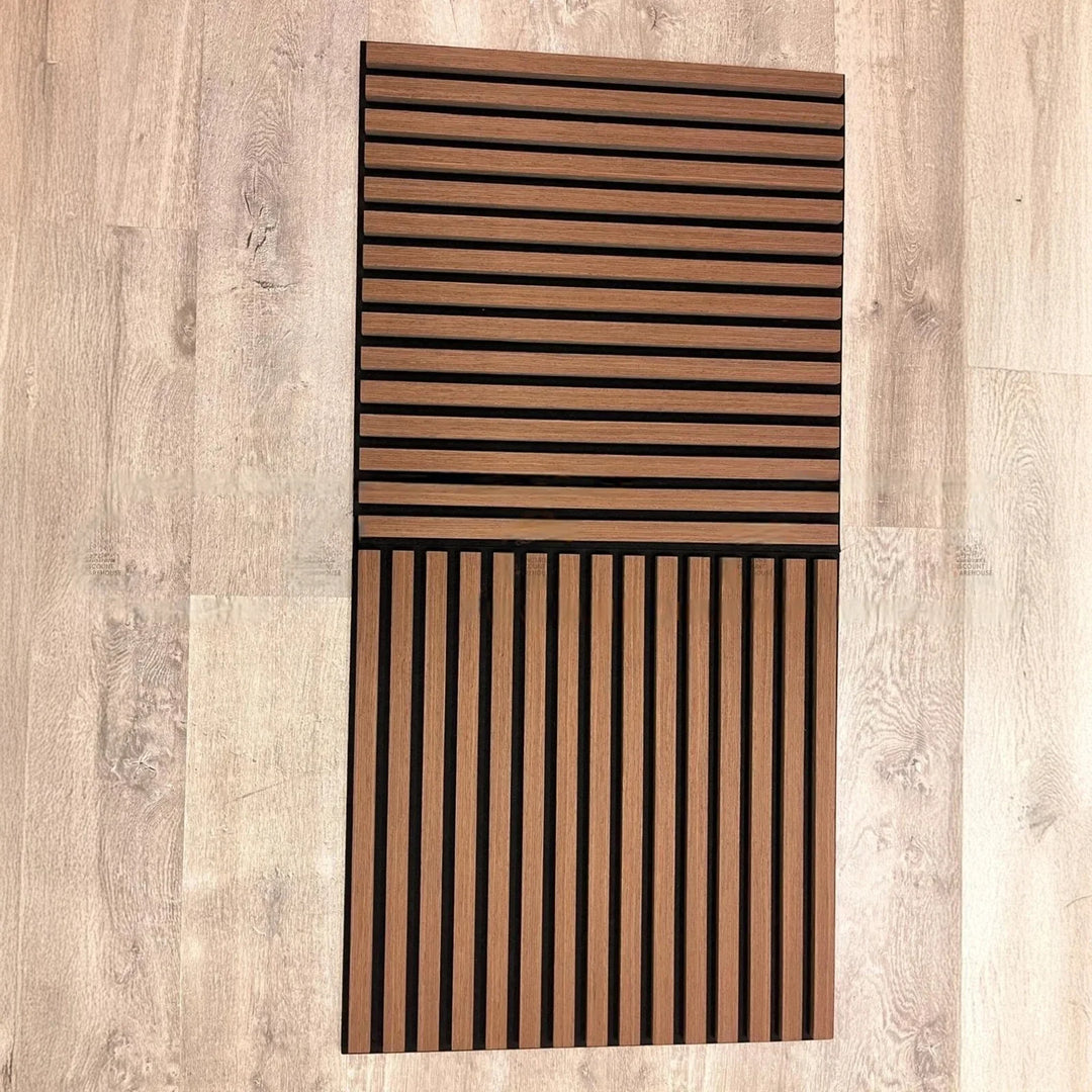 Pack of x4 Walnut 60x60cm Acoustic Square 3D Slatted Wood Wall Panel Box