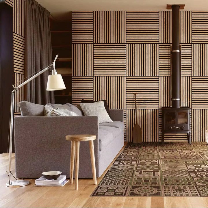 Pack of x4 Natural Light Oak 60x60cm Acoustic Square 3D Slatted Wood Wall Panel Box