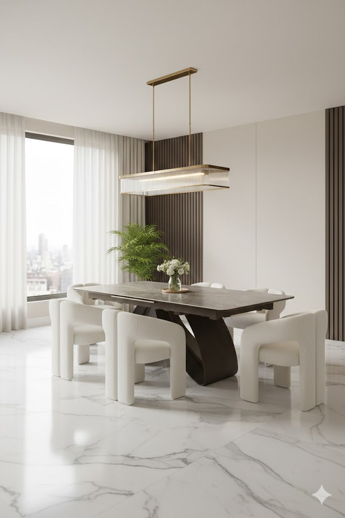 Carra 120-150cm Grey/Gold Ceramic Marble Extending Dining Table With Oscar Scroll Back Velvet Chairs
