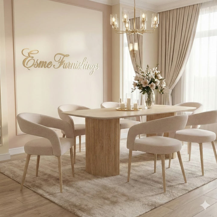 Olympia 160cm Beige Ceramic Marble Dining Table With Olympia Dining Chairs