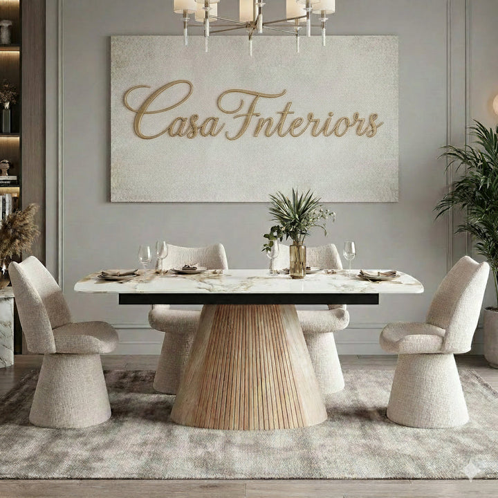 Monaco Pandora Beige 160-240cm Extending Ceramic Marble Dining Table With Beige Velvet 360 Swivel Chairs